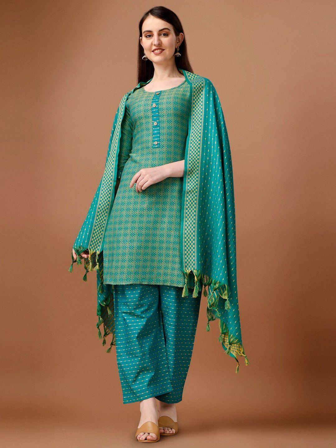 canizzaro women teal regular pure cotton kurta with trousers & with dupatta