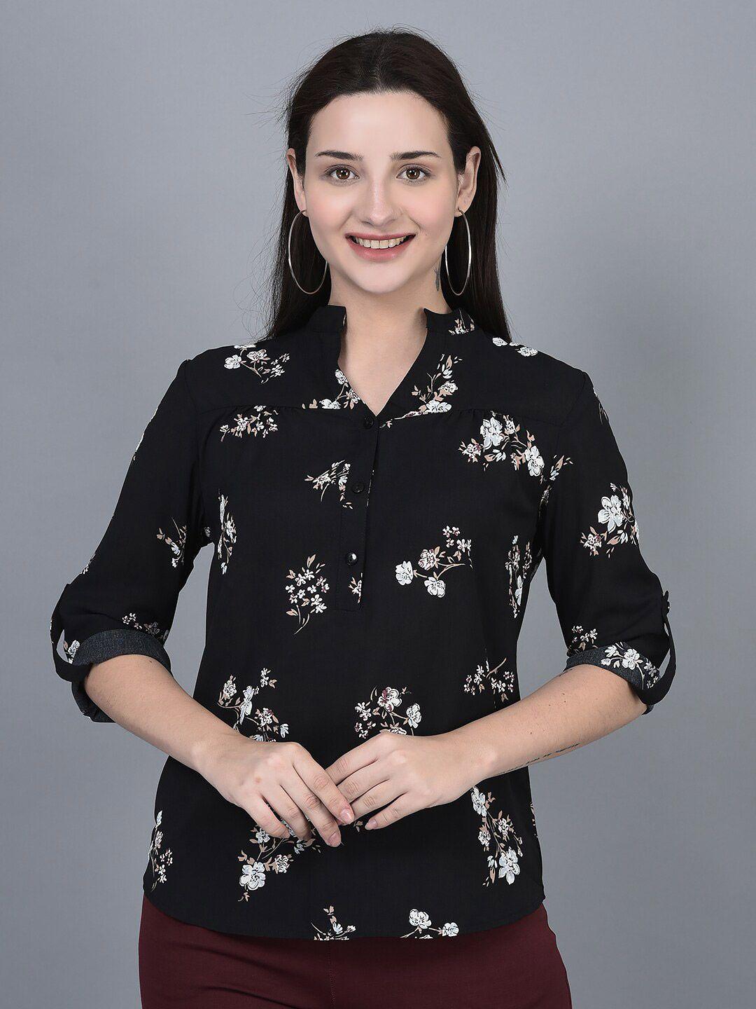 canoe floral printed mandarin collar roll-up sleeves shirt style top