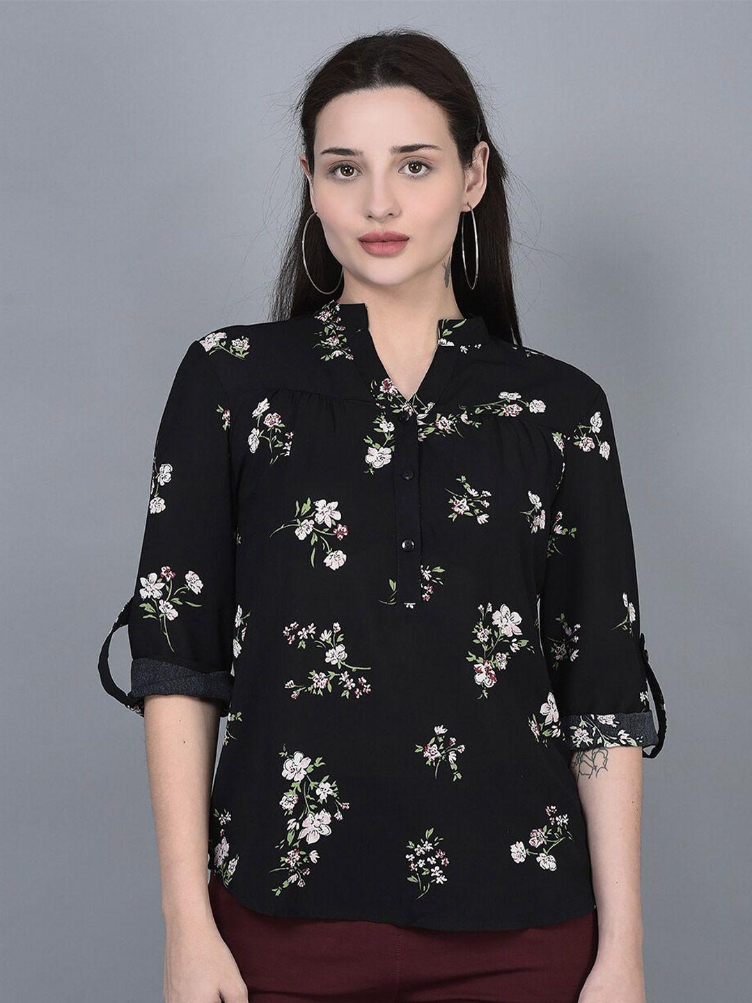 canoe floral printed mandarin collar roll-up sleeves shirt style top