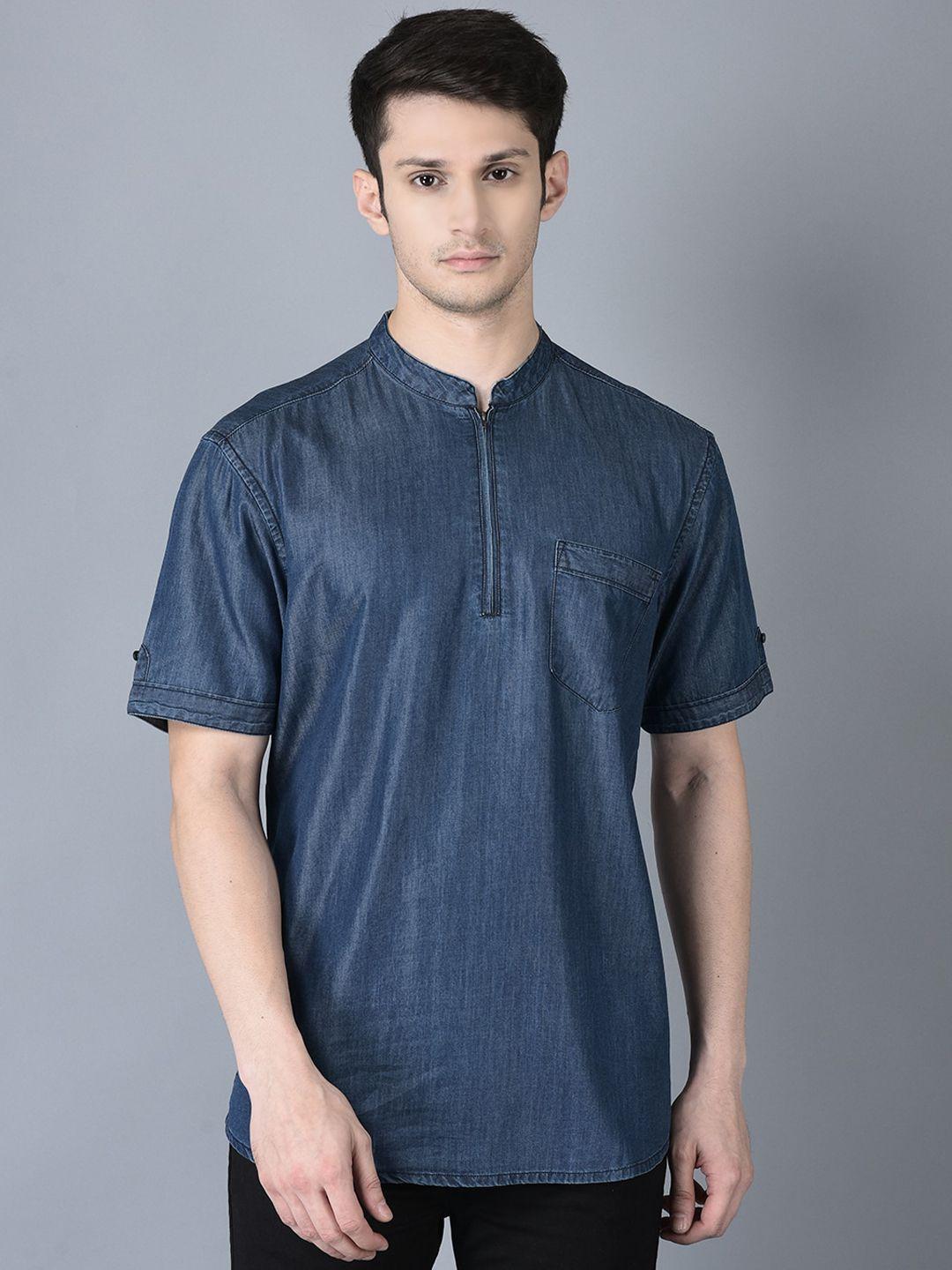 canoe mandarin collar curved straight denim cotton kurta