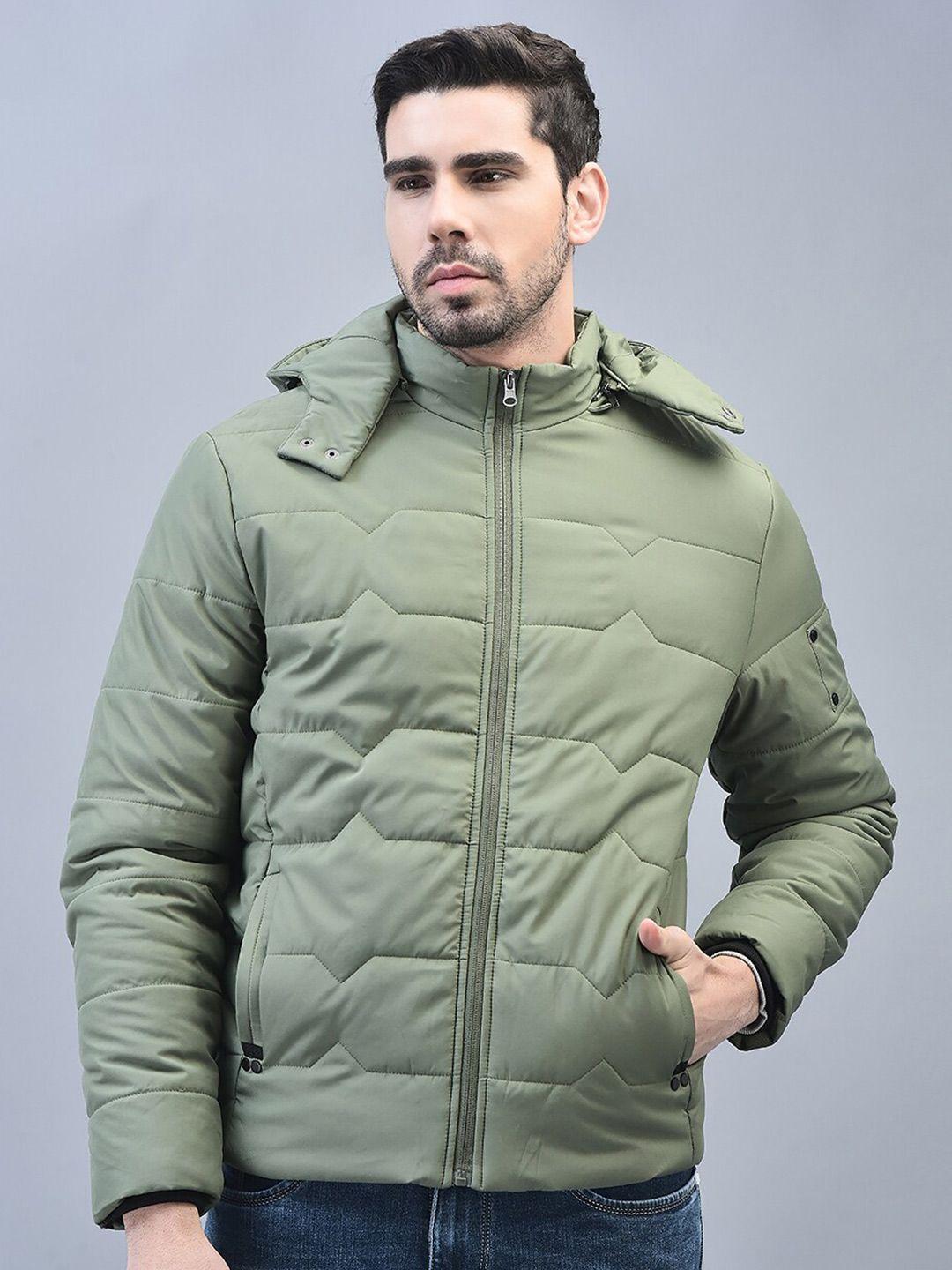 canoe men green striped padded jacket with patchwork