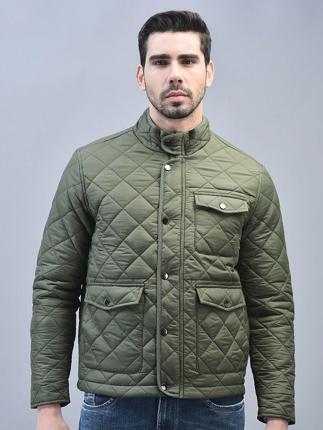 canoe men olive green colourblocked crop tailored jacket with patchwork