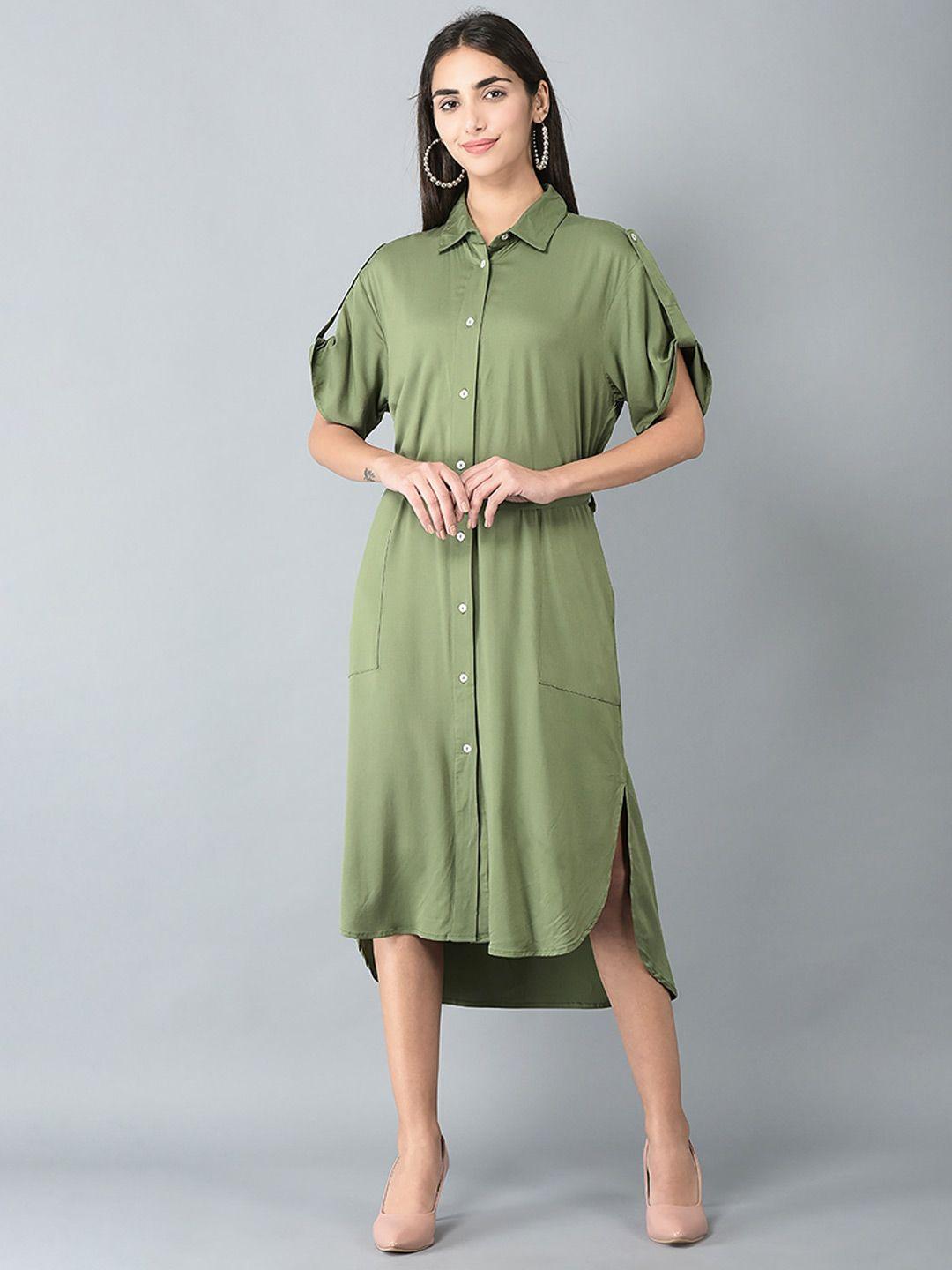 canoe olive green satin shirt midi dress