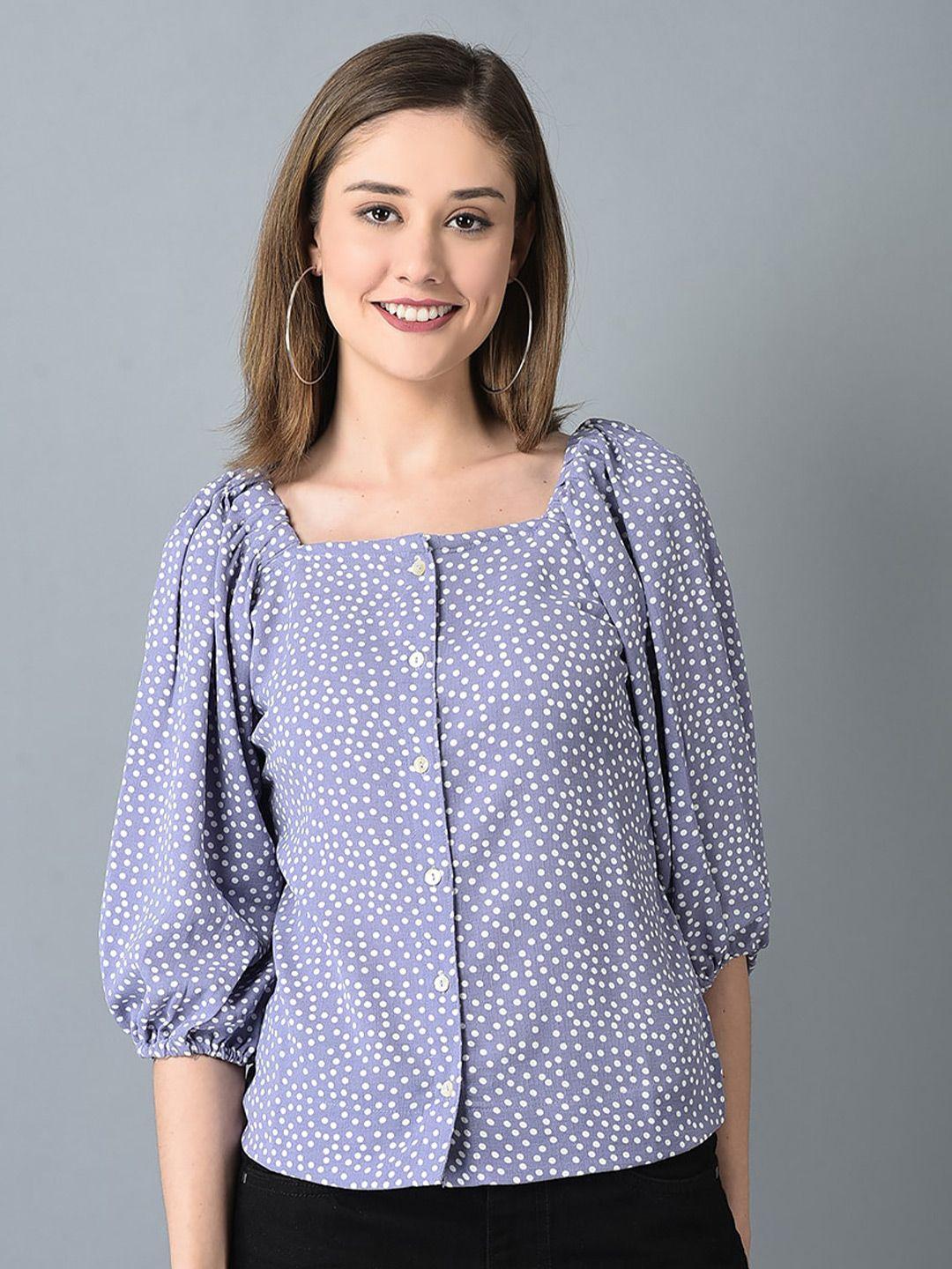 canoe polka dots printed square neck puff sleeves shirt style top