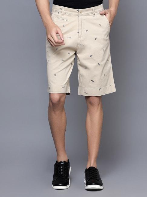 cantabil beige cotton regular fit printed bermuda shorts