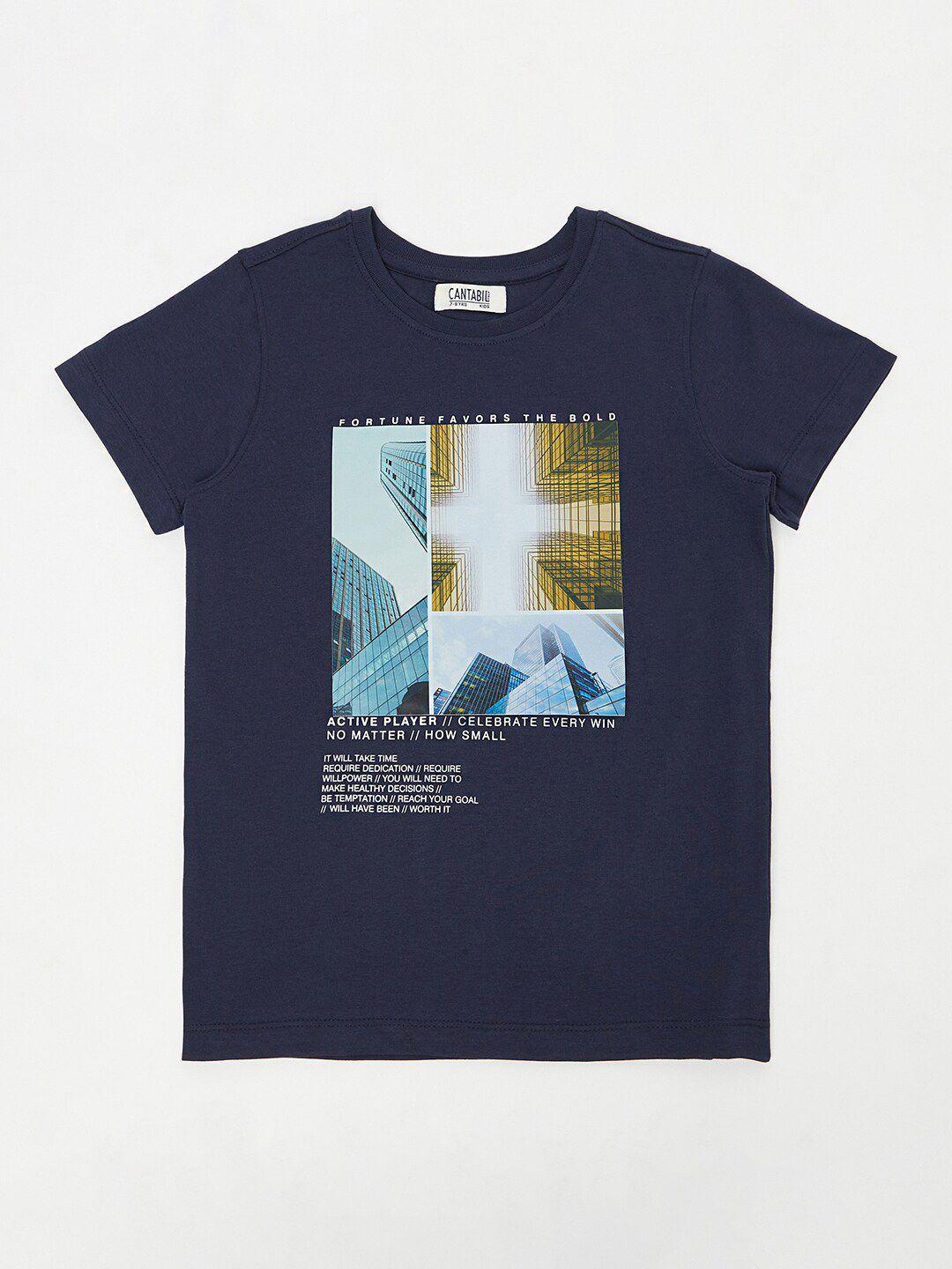 cantabil boys navy blue printed cotton t-shirt