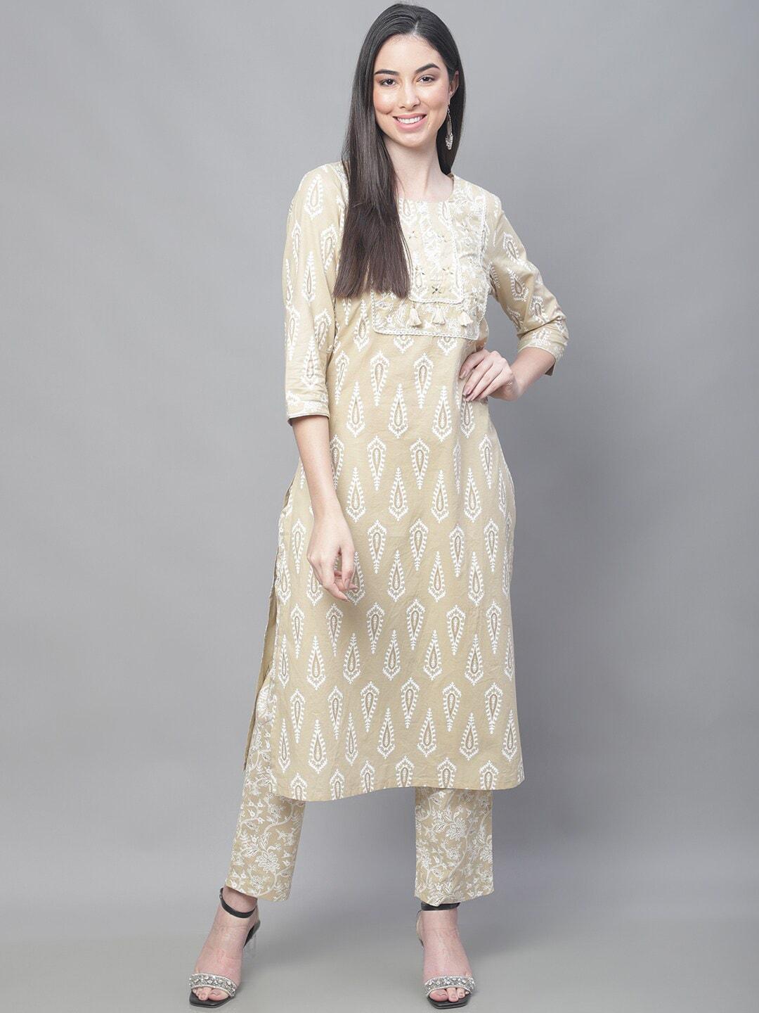 cantabil ethnic motifs printed mirror work pure cotton kurta with trousers