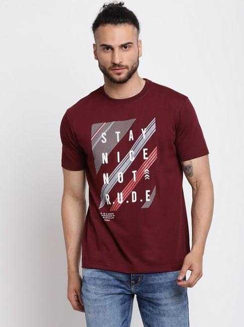 cantabil maroon regular fit printed t-shirt