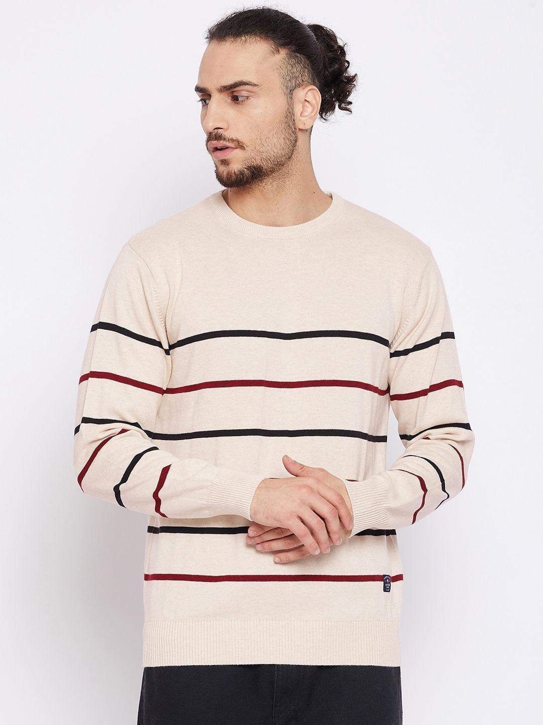 cantabil men beige & brown striped pure woolen pullover