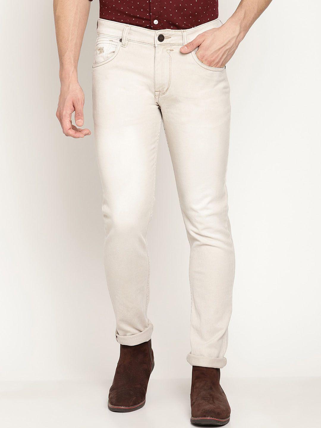 cantabil men beige solid cotton non stretchable jeans