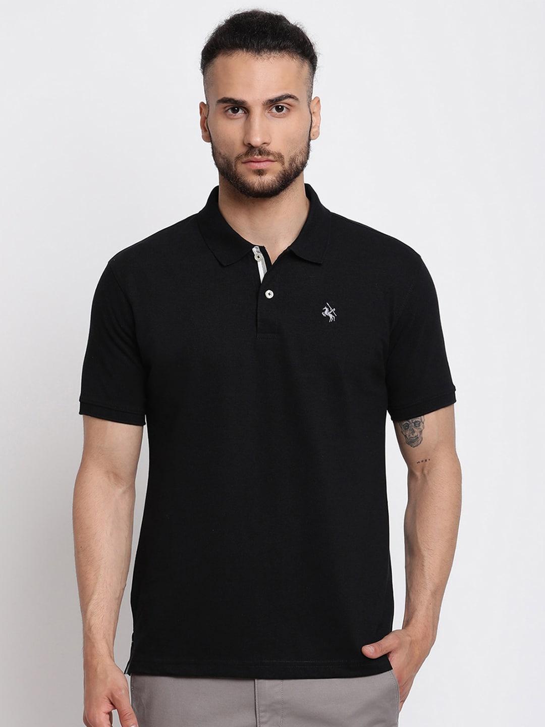 cantabil men black solid polo collar regular-fit pure cotton t-shirt