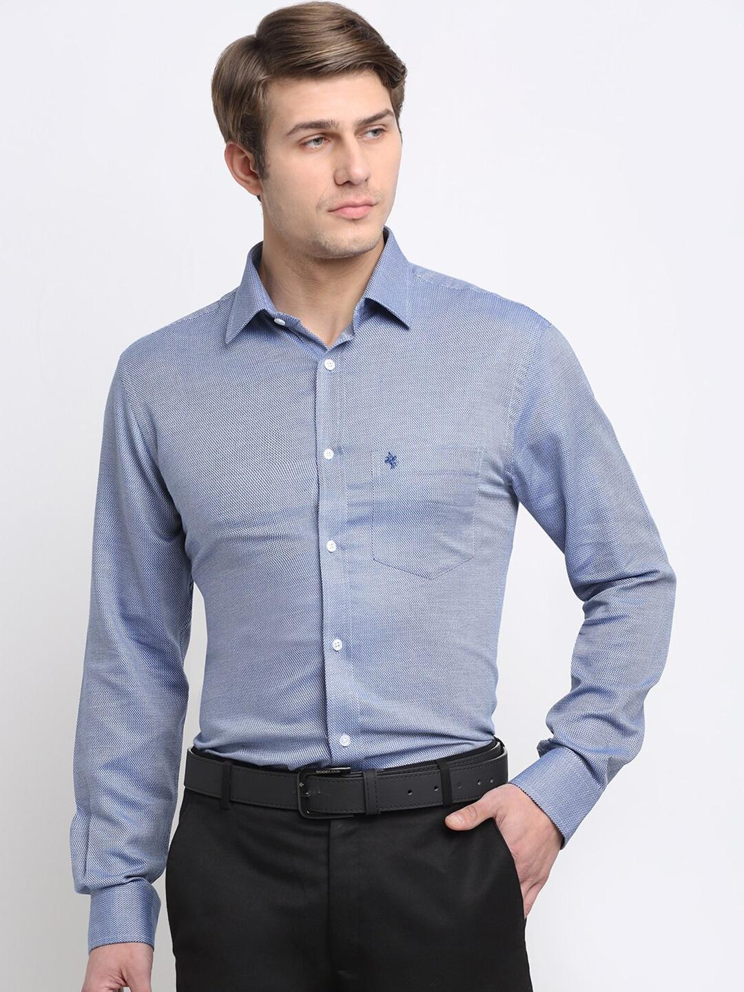 cantabil men blue pure cotton self design regular fit formal shirt