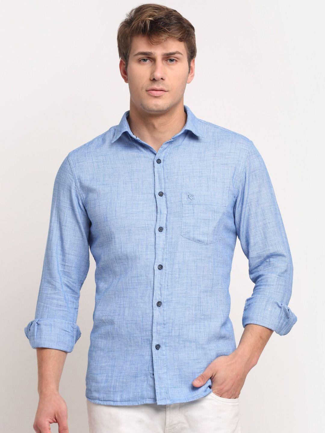 cantabil men blue solid pure cotton casual shirt