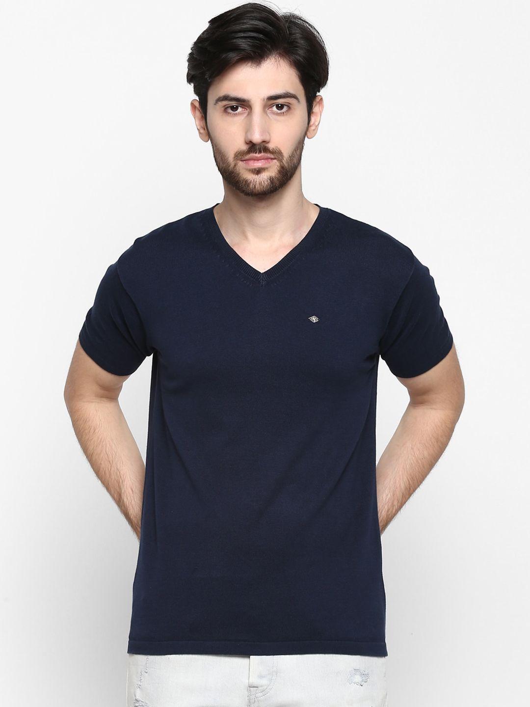 cantabil men blue solid v-neck t-shirt