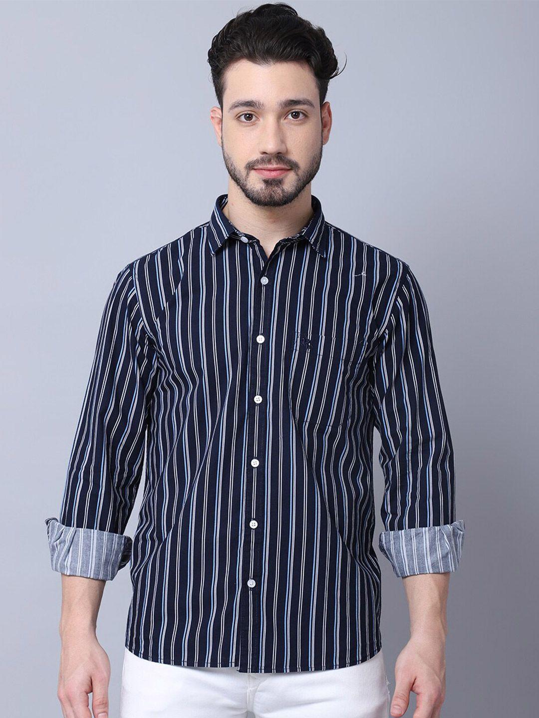 cantabil men blue striped casual shirt