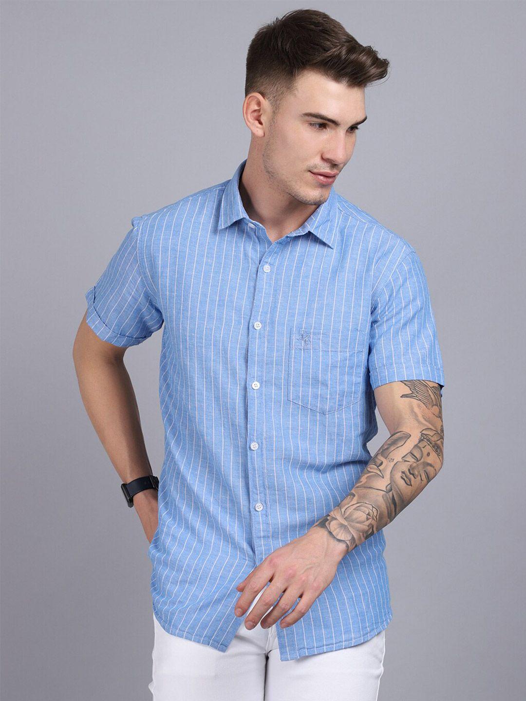 cantabil men blue striped regular fit cotton casual shirt