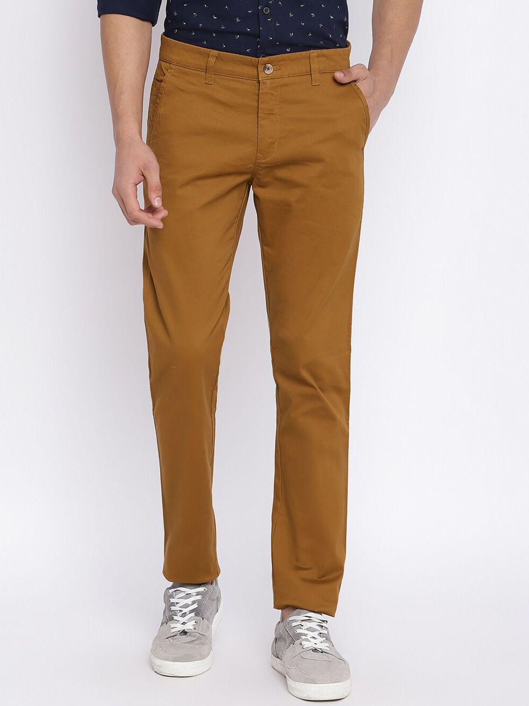 cantabil men brown solid cotton regular fit chinos