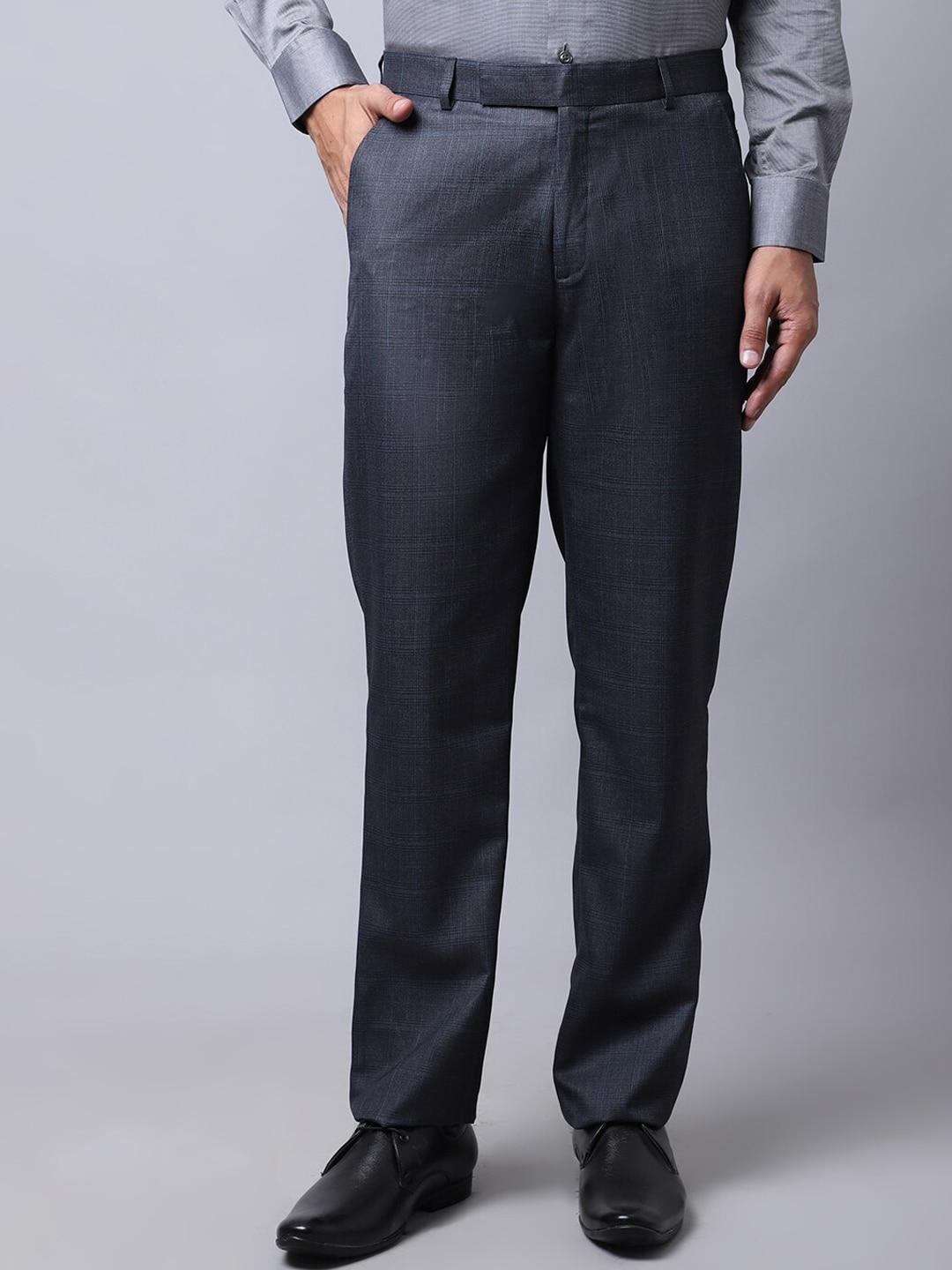 cantabil men charcoal checked cotton formal trousers