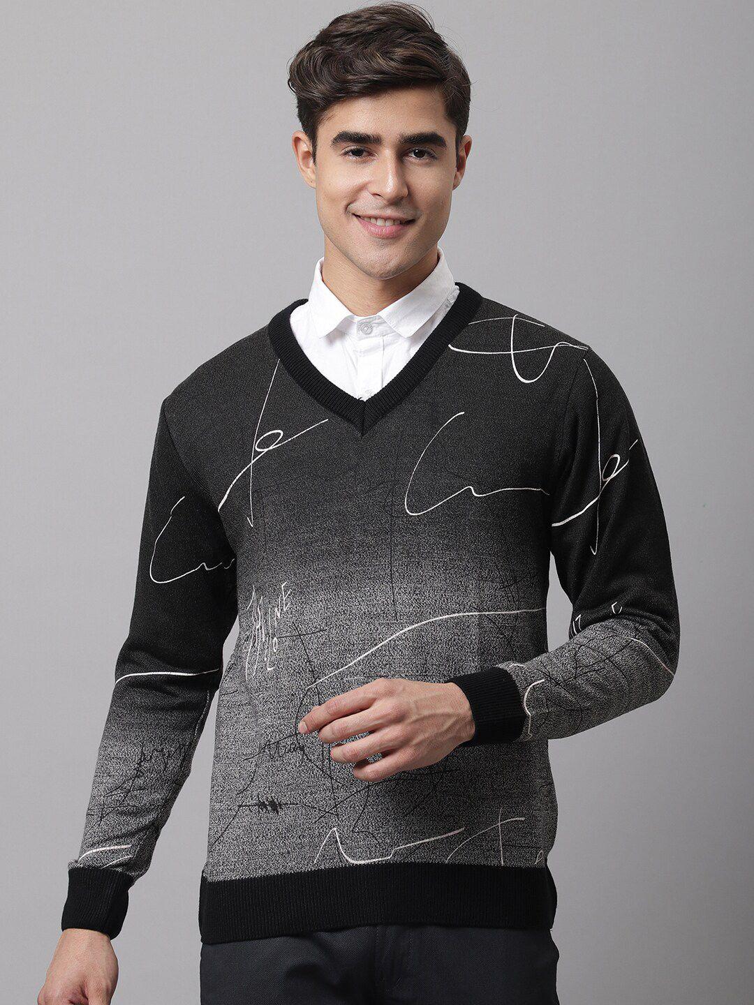cantabil men grey & black graphic printed v-neck pullover