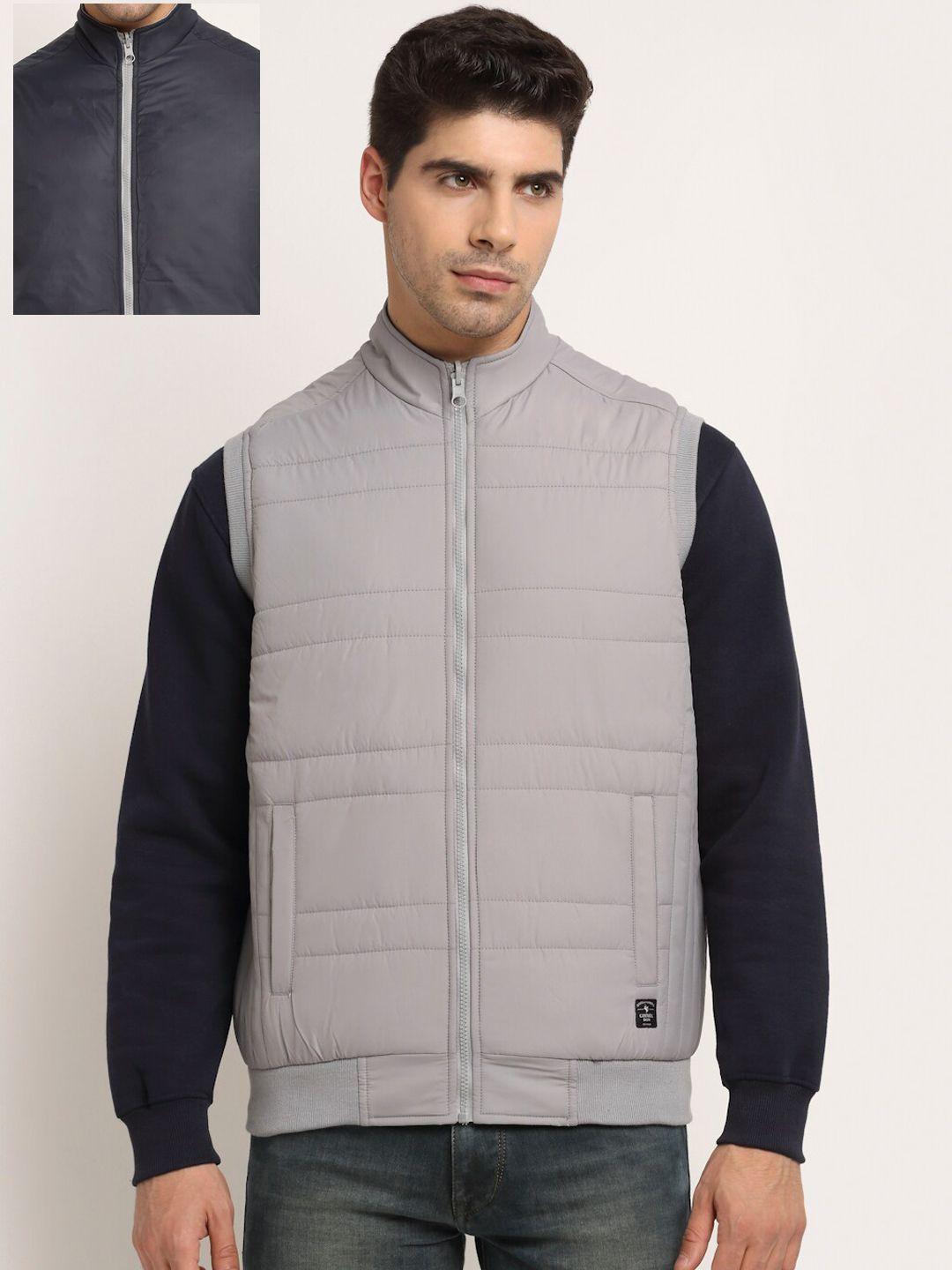 cantabil men grey & navy blue solid reversible sporty jacket