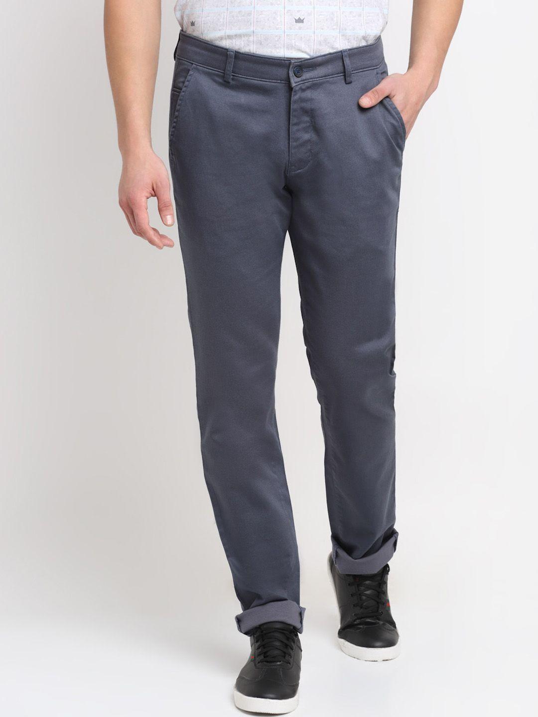 cantabil men grey solid cotton regular fit trousers