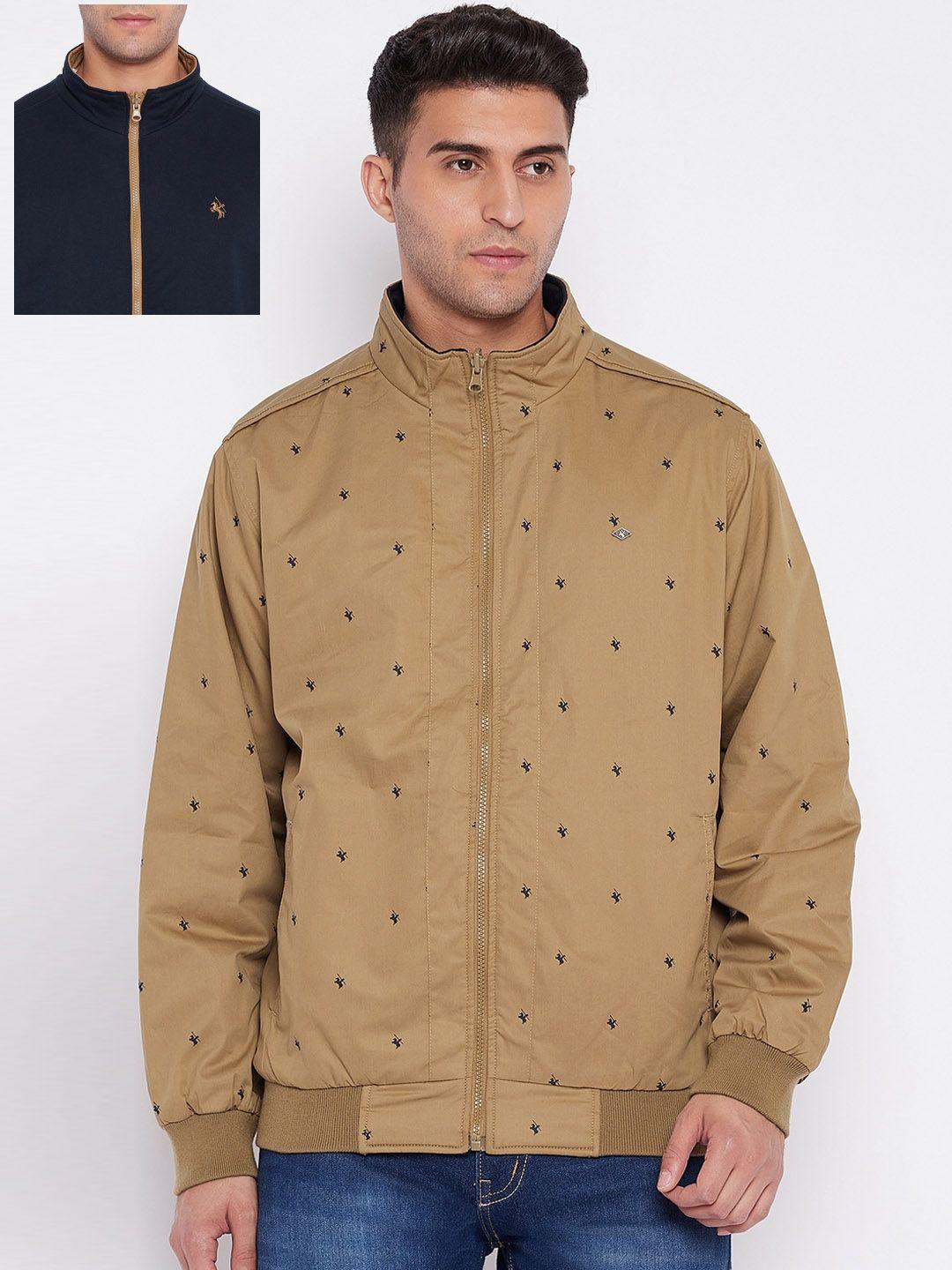 cantabil men khaki geometric reversible bomber jacket