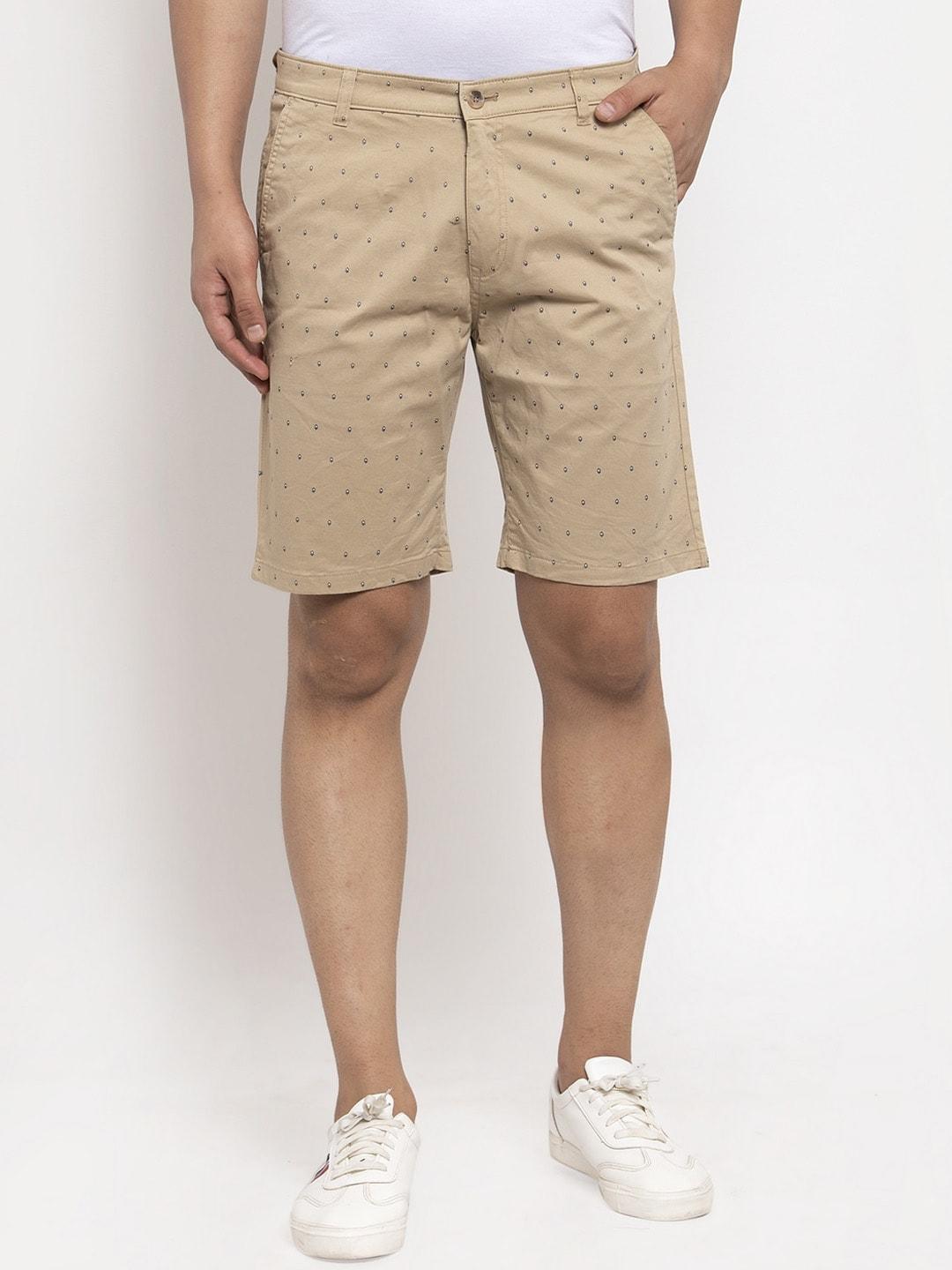 cantabil men khaki printed mid-rise cotton chino shorts