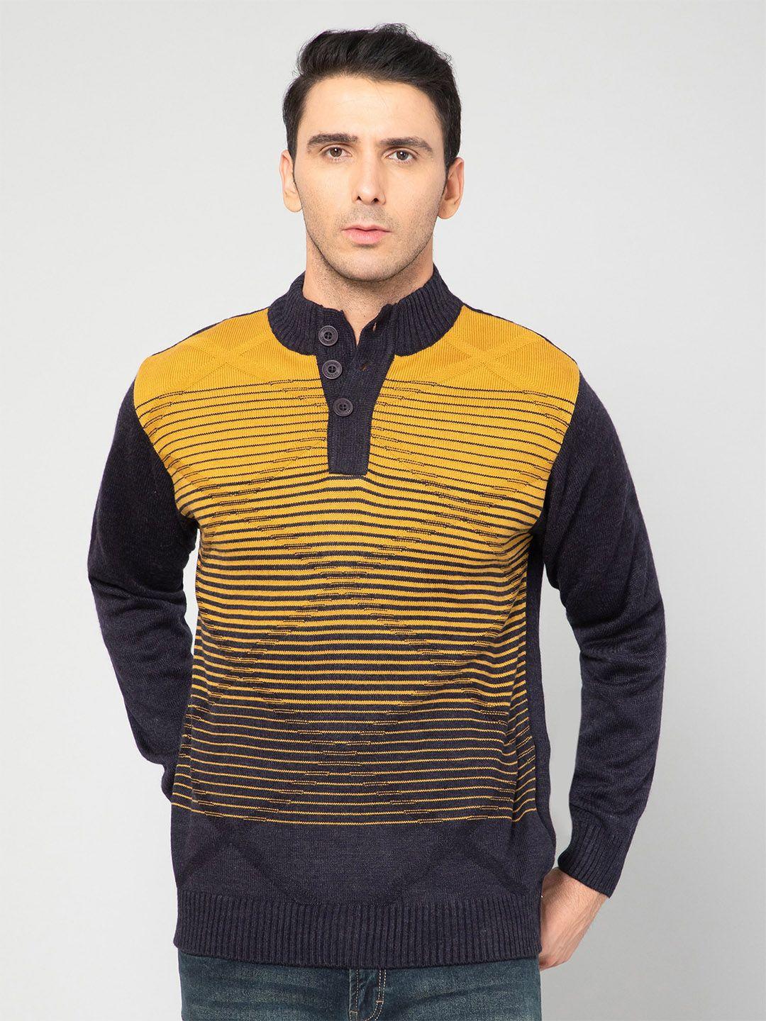 cantabil men mustard & blue striped acrylic pullover