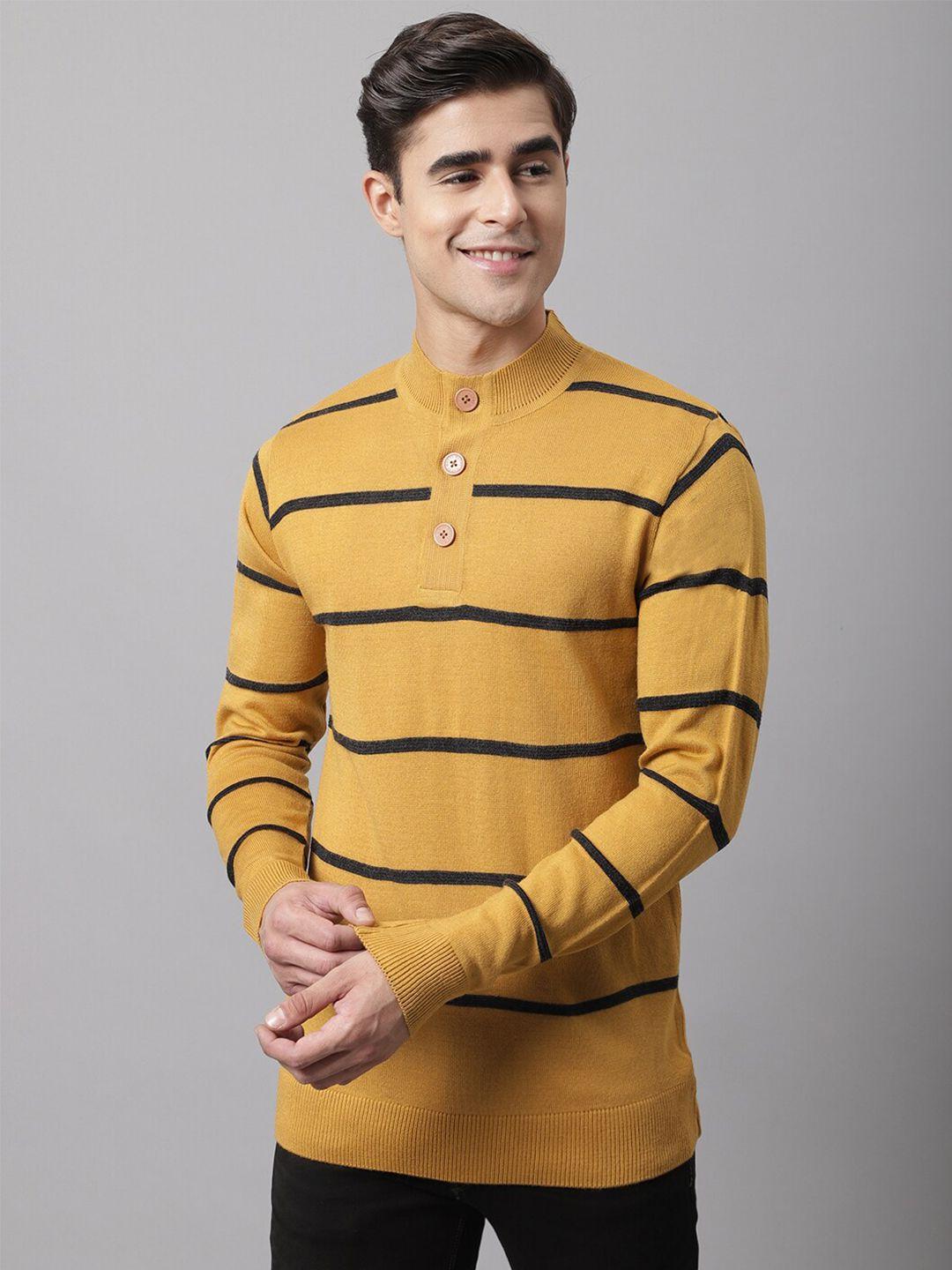 cantabil men mustard yellow & black striped mock collar pullover