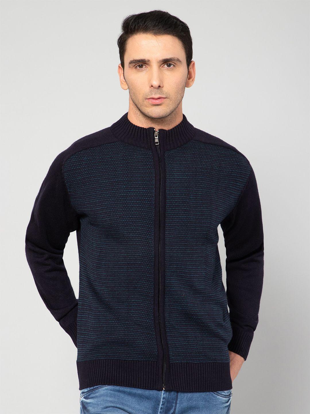 cantabil men navy blue & black ribbed acrylic cardigan with zip detail