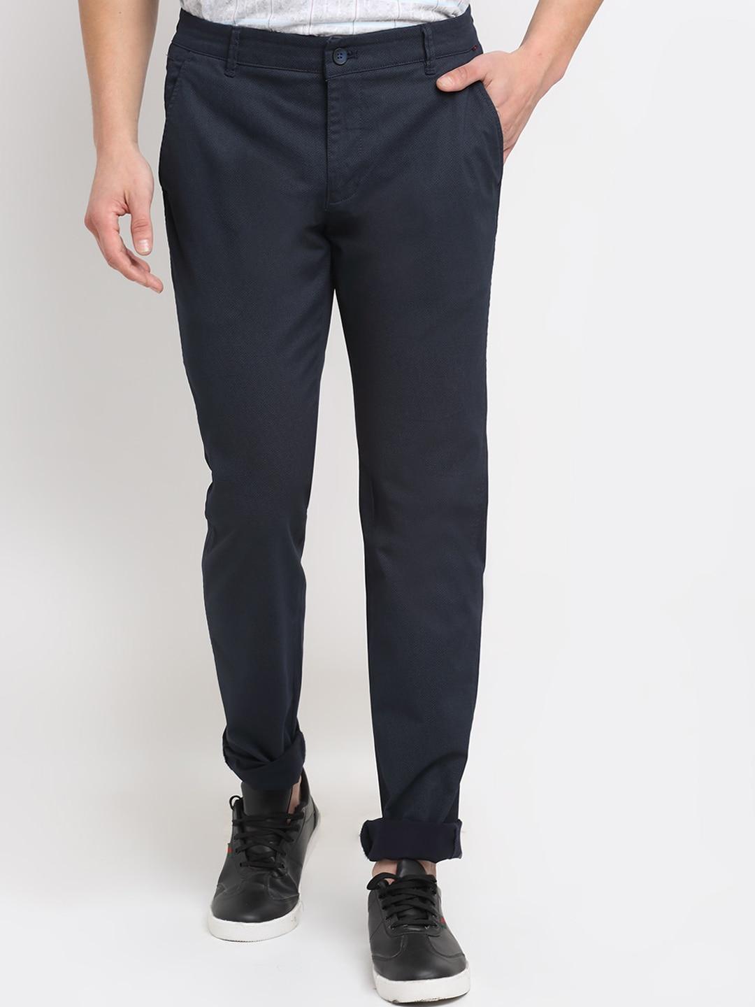 cantabil men navy blue original cotton regular fit trousers