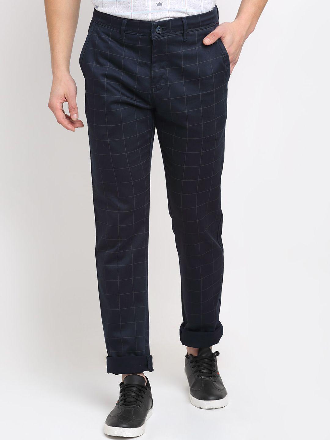 cantabil men navy blue regular fit checked original cotton trousers
