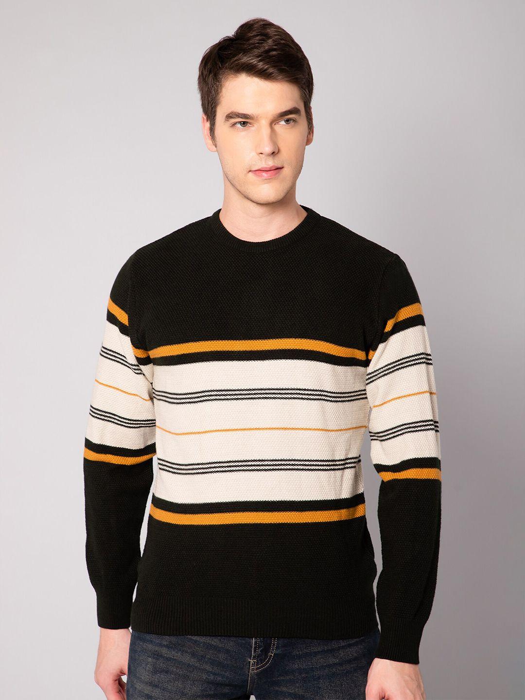 cantabil men olive green & off white striped striped pullover