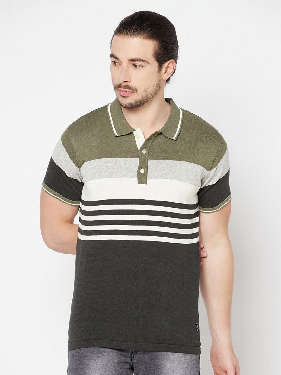 cantabil men olive green colourblock striped polo collar t-shirt