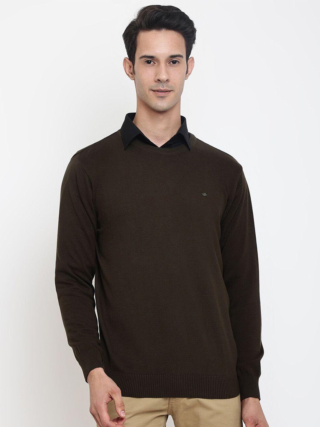 cantabil men olive green solid wool round neck pullover