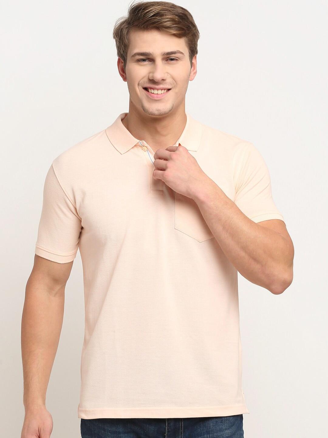 cantabil men peach-coloured polo collar regular fit pure cotton t-shirt