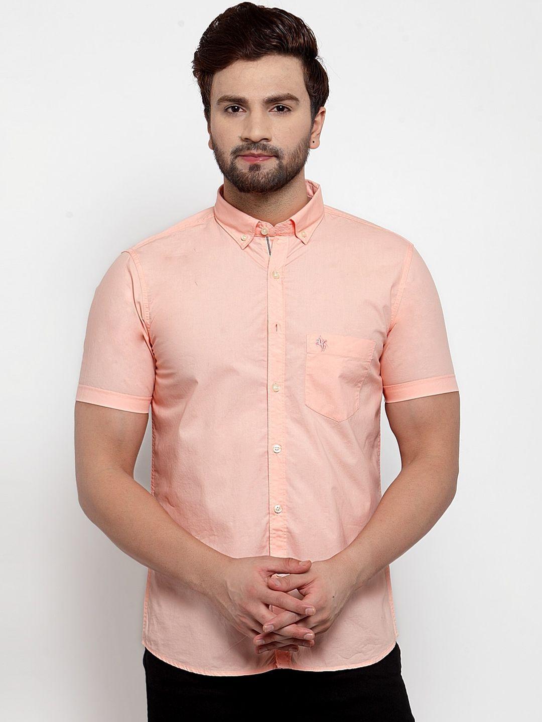 cantabil men peach-coloured slim fit solid casual shirt