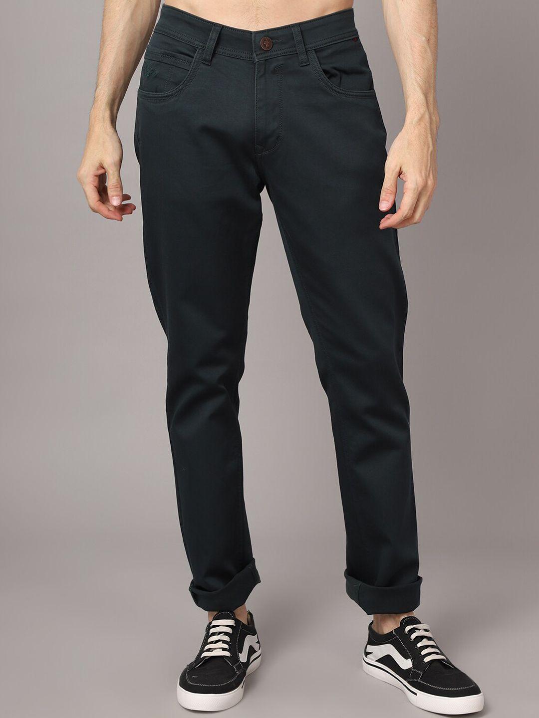 cantabil men teal straight  fit trousers