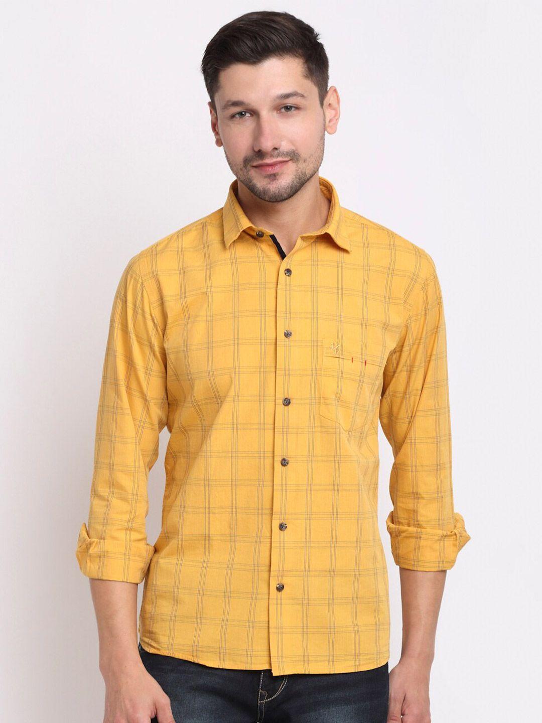 cantabil men yellow opaque checked casual shirt
