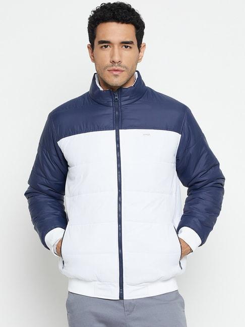cantabil navy & white regular fit colour block jacket