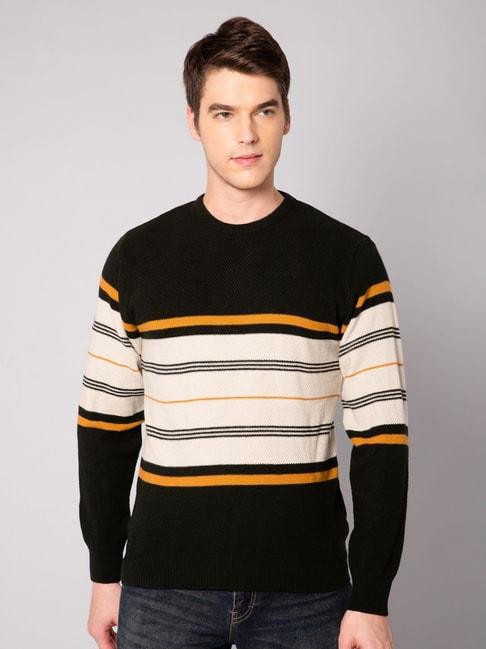 cantabil olive & white regular fit striped sweater