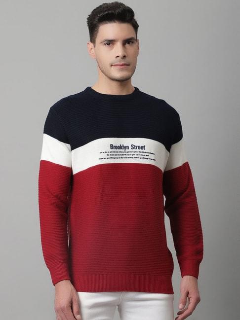 cantabil red & navy regular fit round neck sweater