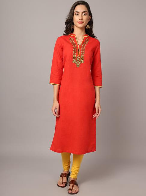 cantabil red embroidered straight kurti