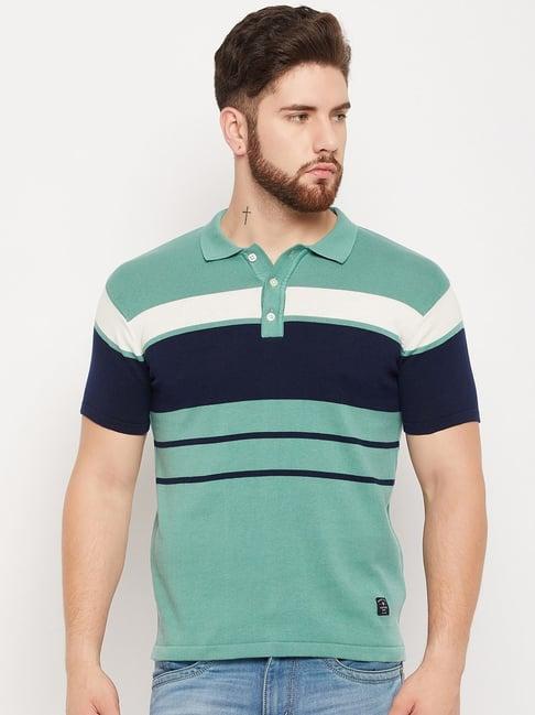 cantabil teal regular fit striped polo t-shirt