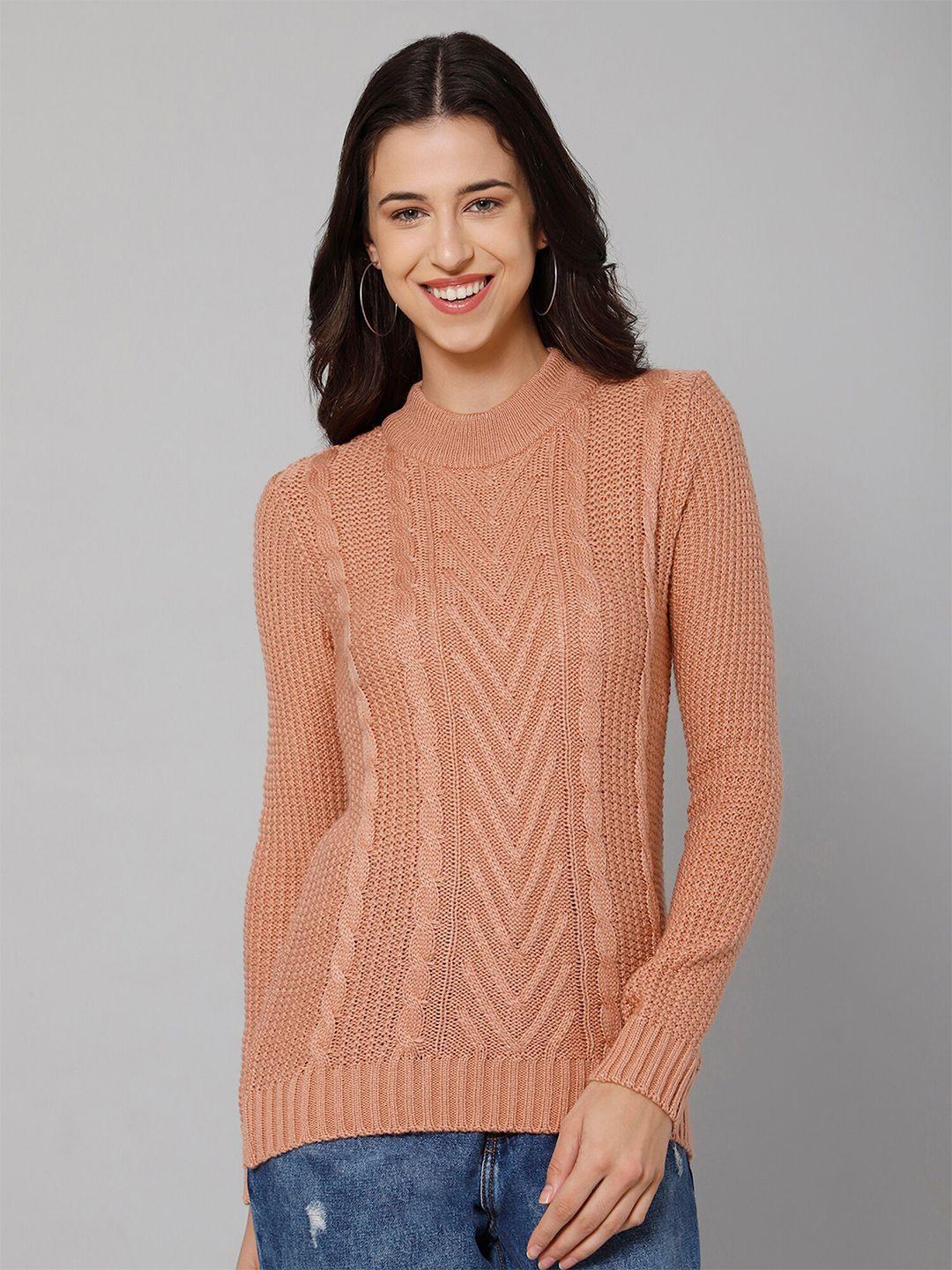 cantabil women peach-coloured ribbed wool pullover