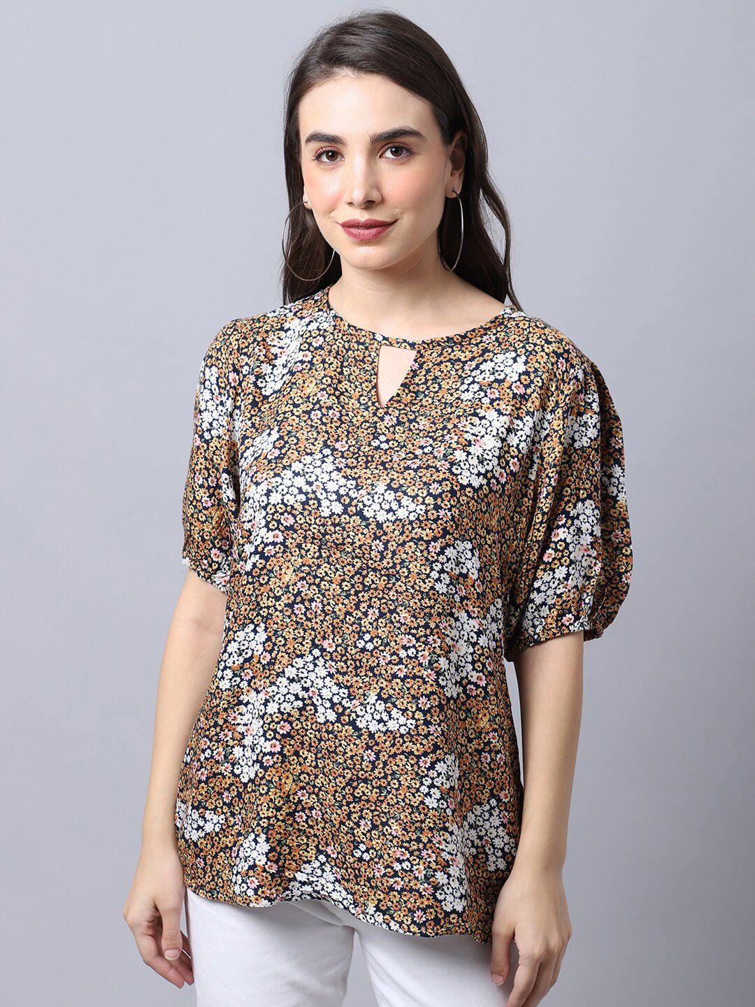 cantabil yellow & white floral printed keyhole neck top