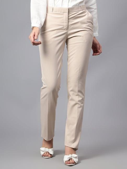 cantabil beige cotton lycra  regular fit mid rise  trousers