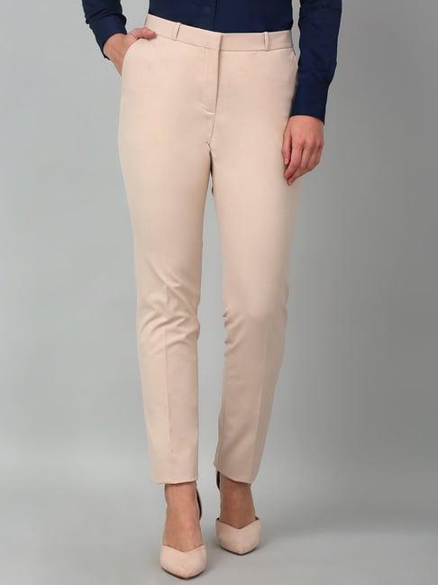 cantabil beige cotton lycra regular fit mid rise  trousers