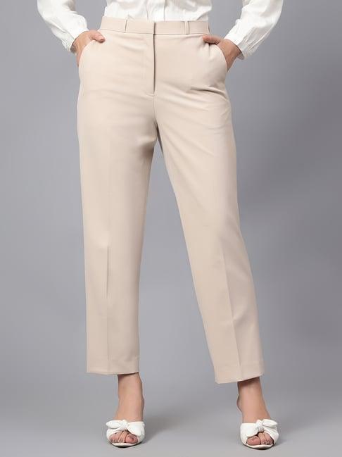 cantabil beige cotton lycra regular fit mid rise  trousers