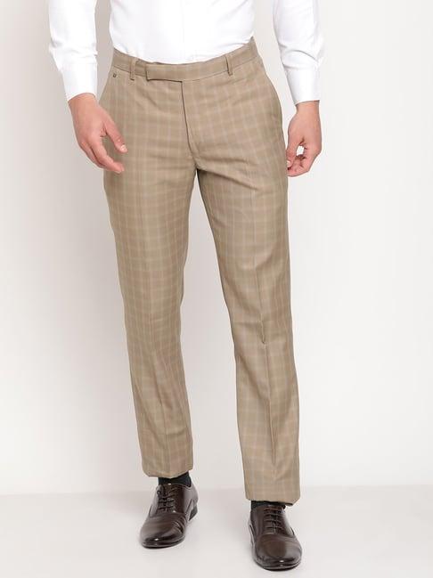 cantabil beige cotton regular fit checks trousers